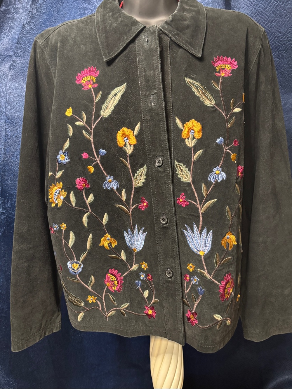 Brandon Thomas Black Suede Jacket with Multicolor Floral Embroidery